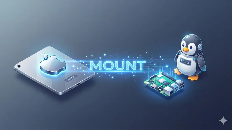 Illustration of a macOS device and a Linux penguin with a Raspberry Pi board, connected by a glowing bridge labeled 'MOUNT', symbolizing data transfer.