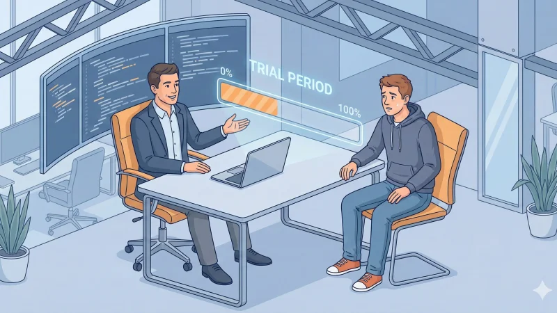 An isometric illustration showing a welcoming male manager in a suit sitting across a desk from a slightly nervous-looking male software engineer in a hoodie. Between them, a holographic orange progress bar labeled "TRIAL PERIOD" floats, indicating a status of approximately 30% complete. The background is a modern tech office with curved screens displaying code, potted plants, and industrial-style architecture.