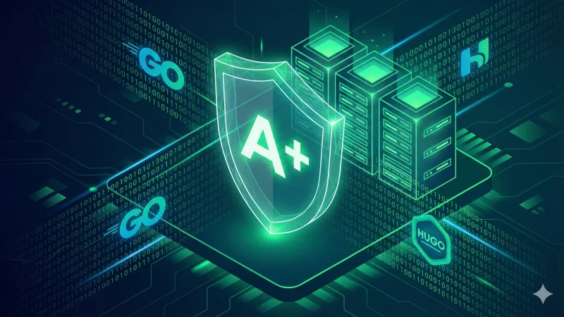 A futuristic 3D illustration shows a glowing green security shield with a prominent "A+" grade displayed in its center. The shield is situated amidst stylized, glowing server racks and flowing streams of binary code. The letters "GO" and a Hugo logo are embedded in the digital foreground. The entire scene has a dark blue and neon green cyber-security aesthetic.