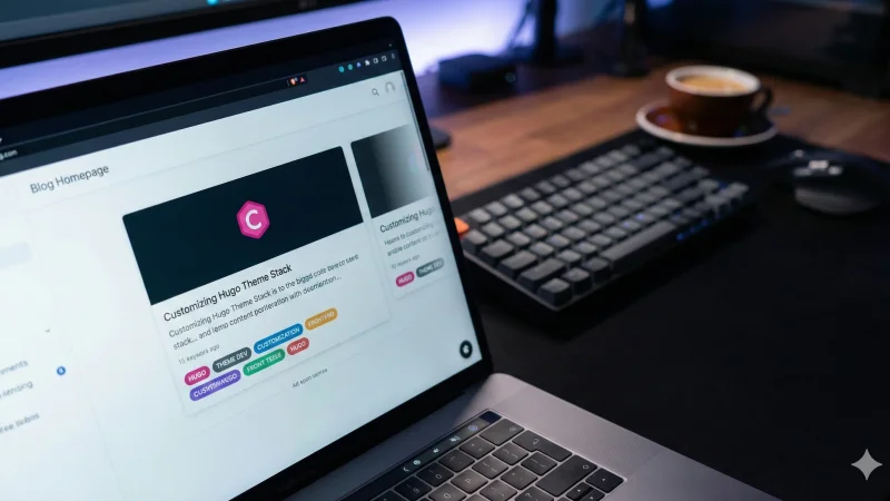  A laptop screen displays a blog homepage with an article titled 'Customizing Hugo Theme Stack'. Below the article summary, several colorful keyword tags such as 'HUGO' and 'THEME DEV' are visible. The laptop rests on a dark desk mat next to a mechanical keyboard and a cup of coffee.