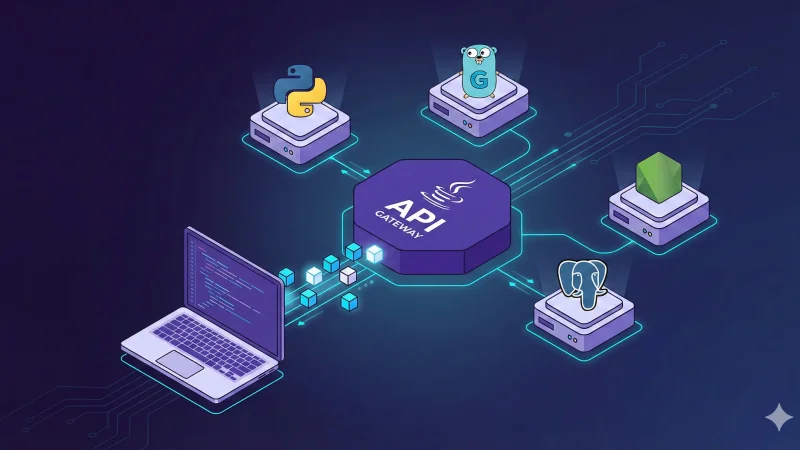 Isometric illustration of a modern polyglot REST API architecture. A laptop on the left sends data packets to a central API Gateway (Java logo). The Gateway is connected to four backend services: a Python service (snake logo), a Go service (gopher logo), a PostgreSQL database (elephant logo), and another generic database service. The background is a dark blue gradient with circuit board patterns.