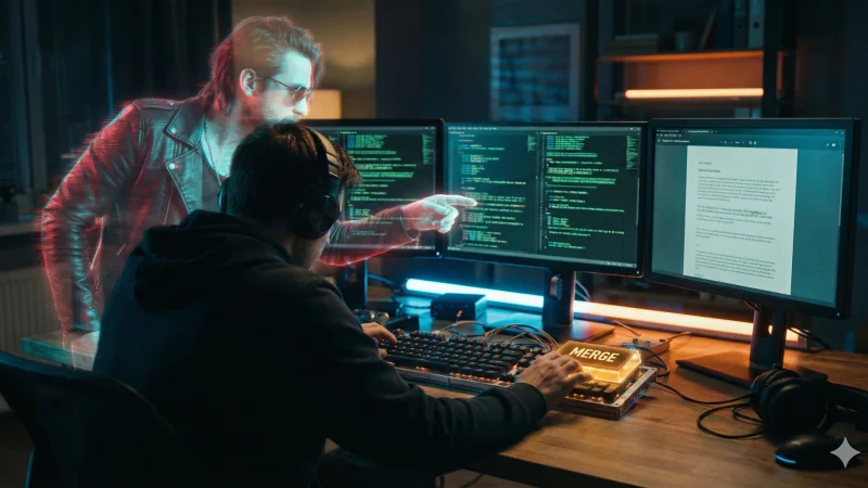 A person wearing headphones sits at a desk in a dark room lit by blue and orange neon lights, their hand on a large, illuminated "MERGE" key on a custom keyboard. They are looking at three monitors displaying code and text. A translucent, glitching red and cyan holographic projection of a man in a leather jacket and sunglasses, resembling a rocker, leans over their shoulder and points towards the central screen.