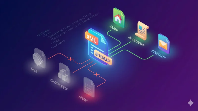 Isometric 3D illustration of an optimized sitemap structure: a central glowing XML file connects via solid green lines to essential pages like Home, Blog Post, and Contact, while red dashed lines indicate the exclusion of low-value pages like Tags and Categories.
