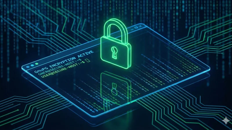 A futuristic digital illustration featuring a glowing neon green padlock hovering over a transparent command-line terminal interface. The terminal screen displays the text 'GnuPG ENCRYPTION ACTIVE', set against a dark background of blue and green circuit board patterns and falling binary code.