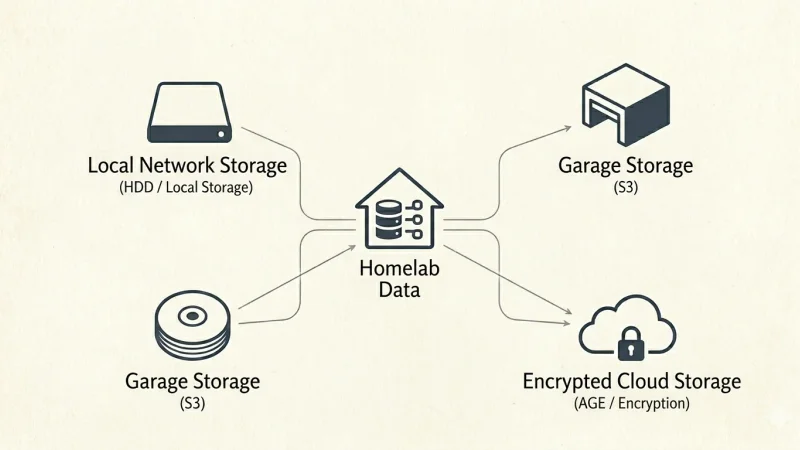 Diagram illustrating the homelab backup strategy: at the center, homelab data is connected by arrows to four backup destinations — local network storage (HDD), two Garage S3 storage nodes, and an encrypted cloud storage using AGE.