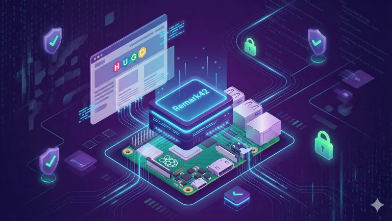 Isometric tech illustration showing a Remark42 comment system hosted on a Raspberry Pi, connected via glowing data streams to a Hugo website interface, set against a dark background with security icons.