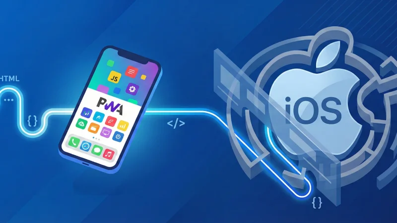 Illustration in a flat design style showing a glowing line of web code bypassing a complex iOS logo maze to connect directly with a smartphone displaying a PWA interface.