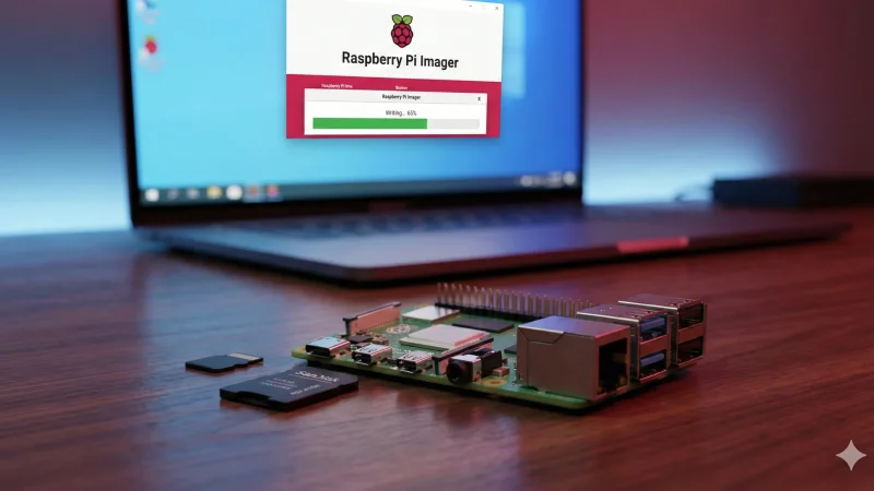 A close-up photograph of a Raspberry Pi board and a microSD card on a wooden desk. In the blurred background, a laptop screen displays the Raspberry Pi Imager software with a writing progress bar at 65%.
