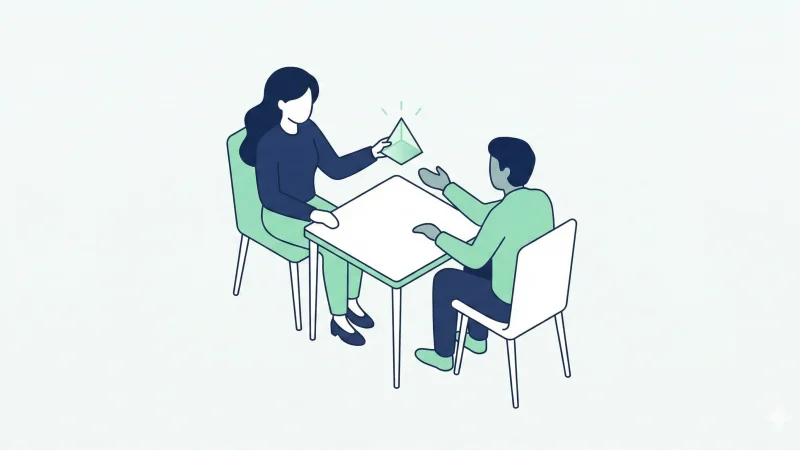 A minimalist flat vector illustration showing two figures sitting at a small table, where one gently hands a glowing green geometric shape representing feedback to the other person who accepts it openly. The style is modern and calm, using a navy blue and mint green color palette.