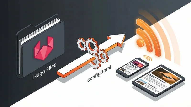 Isometric 3D illustration depicting the Hugo RSS feed generation process: source files pass through configuration gears (config.toml) to create a rich RSS feed displayed on mobile devices.