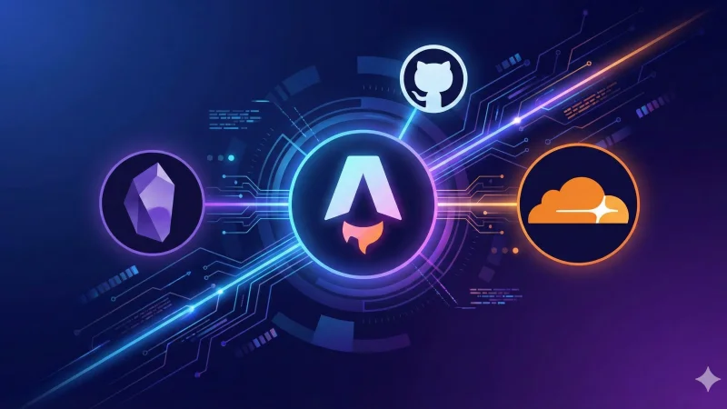 Astro, Obsidian, Cloudflare and GitHub logos connected together in a modern, electronic fashion