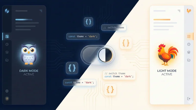 An illustration split diagonally shows a dark mode interface on the left with a glowing owl icon and a light mode interface on the right with a glowing rooster icon. A central toggle switch bridges the two halves, surrounded by floating code snippets like const theme = 'dark'; and // switch theme, representing the concept of switching between dark and light themes in a digital environment.