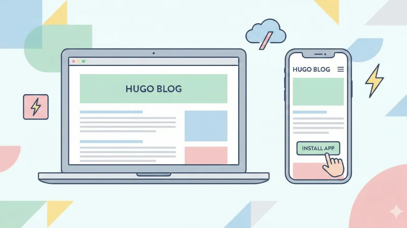 A flat vector illustration on a pastel geometric background shows a laptop and a smartphone, both displaying a "HUGO BLOG" website. The laptop screen shows the full desktop layout, while the smartphone screen displays a mobile-optimized version with a finger clicking a button labeled "INSTALL APP". Icons for offline mode (cloud with a slash) and speed (lightning bolt) are around the devices.
