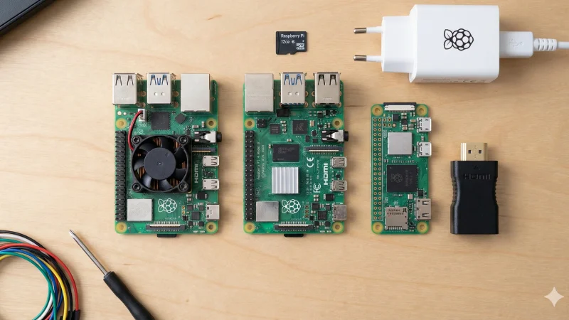 A flat lay photograph on a wooden desk showing a Raspberry Pi 5 with an active cooler, a Raspberry Pi 4, a Raspberry Pi Zero 2 W, an official white power supply, a micro SD card, an HDMI adapter, a screwdriver, and colored jumper wires.