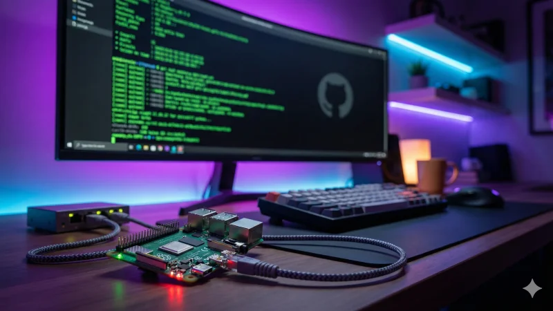 A Raspberry Pi board connected via Ethernet on a desk with neon purple and blue lighting, with a monitor displaying a terminal and the GitHub logo in the background.