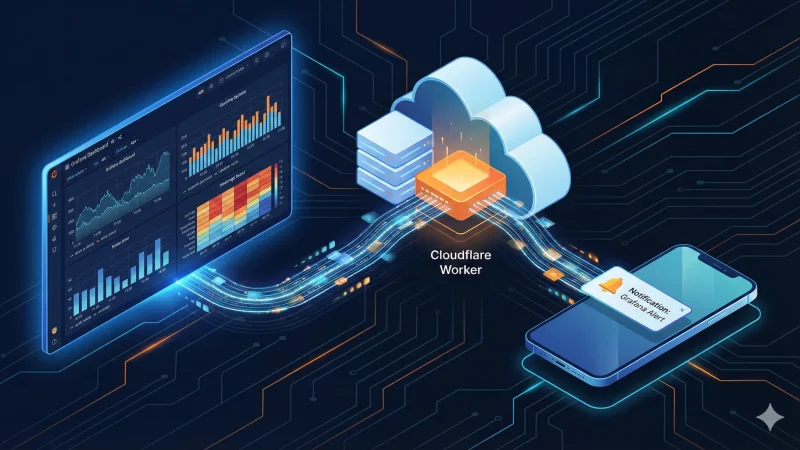 Isometric illustration depicting the alert workflow: data flows from a Grafana dashboard, gets processed by a Cloudflare Worker, and appears as a custom push notification on a smartphone.