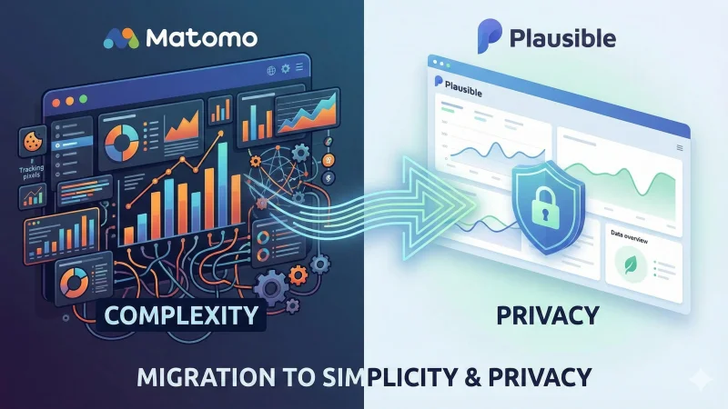 A split-panel illustration comparing web analytics solutions. On the left, a complex, cluttered Matomo dashboard labeled 'Complexity'. A glowing arrow points to the right, showing a clean, minimalist Plausible dashboard with a privacy shield, labeled 'Privacy'. Text at the bottom reads 'Migration to Simplicity & Privacy'.