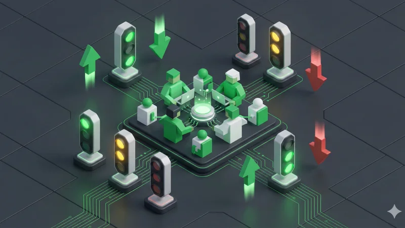 A modern isometric 3D illustration of a digital team performance dashboard. In the center, abstract green and white figures collaborate around a glowing data hub on a circuit-patterned platform. Surrounding them are stylized traffic lights showing various red, yellow, and green signals, along with floating upward green arrows and downward red arrows, indicating progress and status trends. The background is a dark grey geometric grid.