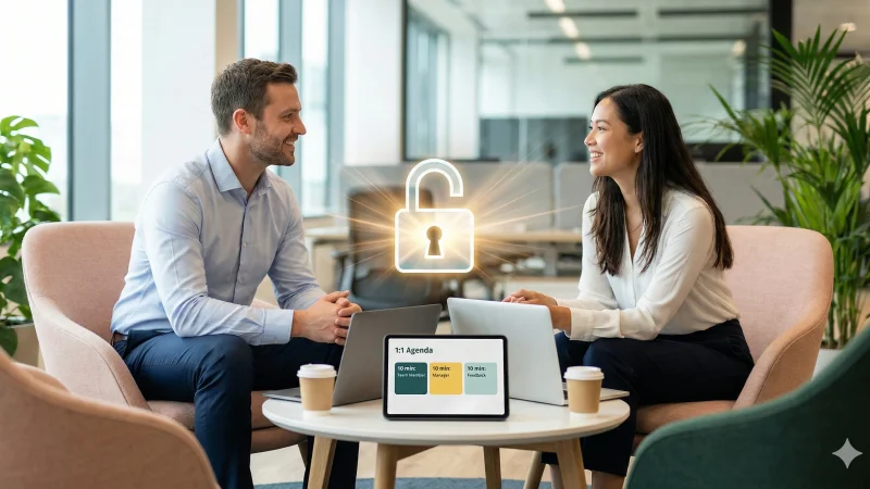 A man and a woman, a manager and a team member, having a productive 1:1 meeting in a modern office. They are seated at a table with laptops and a tablet displaying a '1:1 Agenda' with three sections. A large, glowing open padlock icon floats between them, symbolizing unlocked communication and potential.