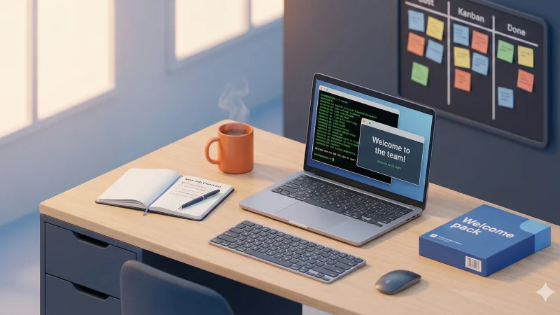 A minimalist 3D isometric render of a desk setup for a new employee. It features a laptop displaying code and a "Welcome to the team!" message, an open notebook with a "New Job Checklist," a "Welcome pack" box, a steaming coffee mug, and an external keyboard and mouse. In the background, a Kanban board with sticky notes hangs on a wall. The scene is bathed in soft, warm light.