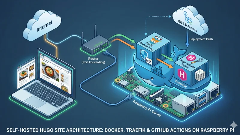 Isometric technical diagram illustrating a self-hosted Hugo website architecture. A laptop connects via the internet and a port-forwarding router to a Raspberry Pi server running Docker. Inside Docker, a Traefik container acts as a reverse proxy with Let's Encrypt SSL, routing traffic to a Hugo website container served by Nginx. A separate flow shows GitHub Actions pushing automated deployments directly to the container on the Raspberry Pi.