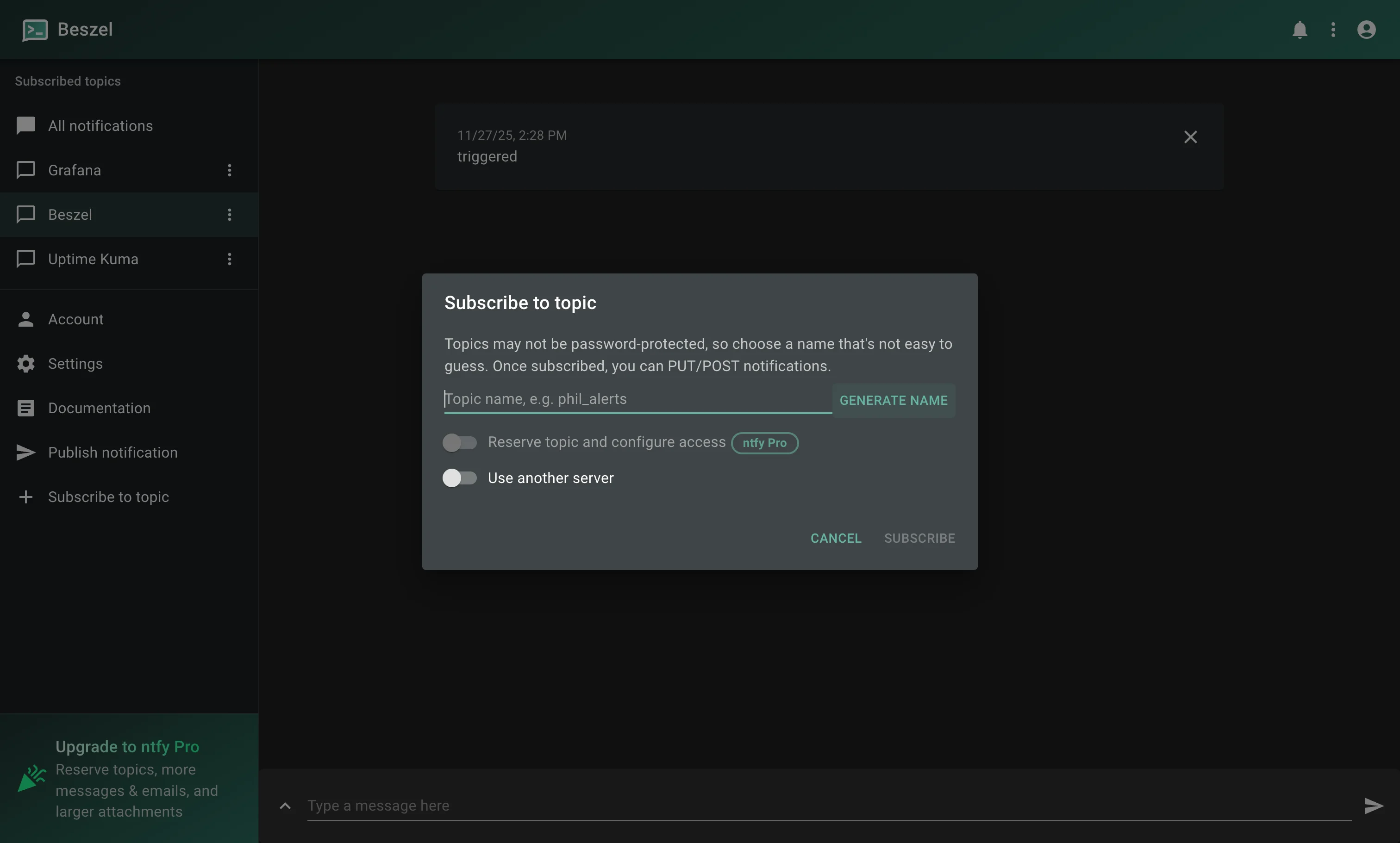 Topic creation on ntfy