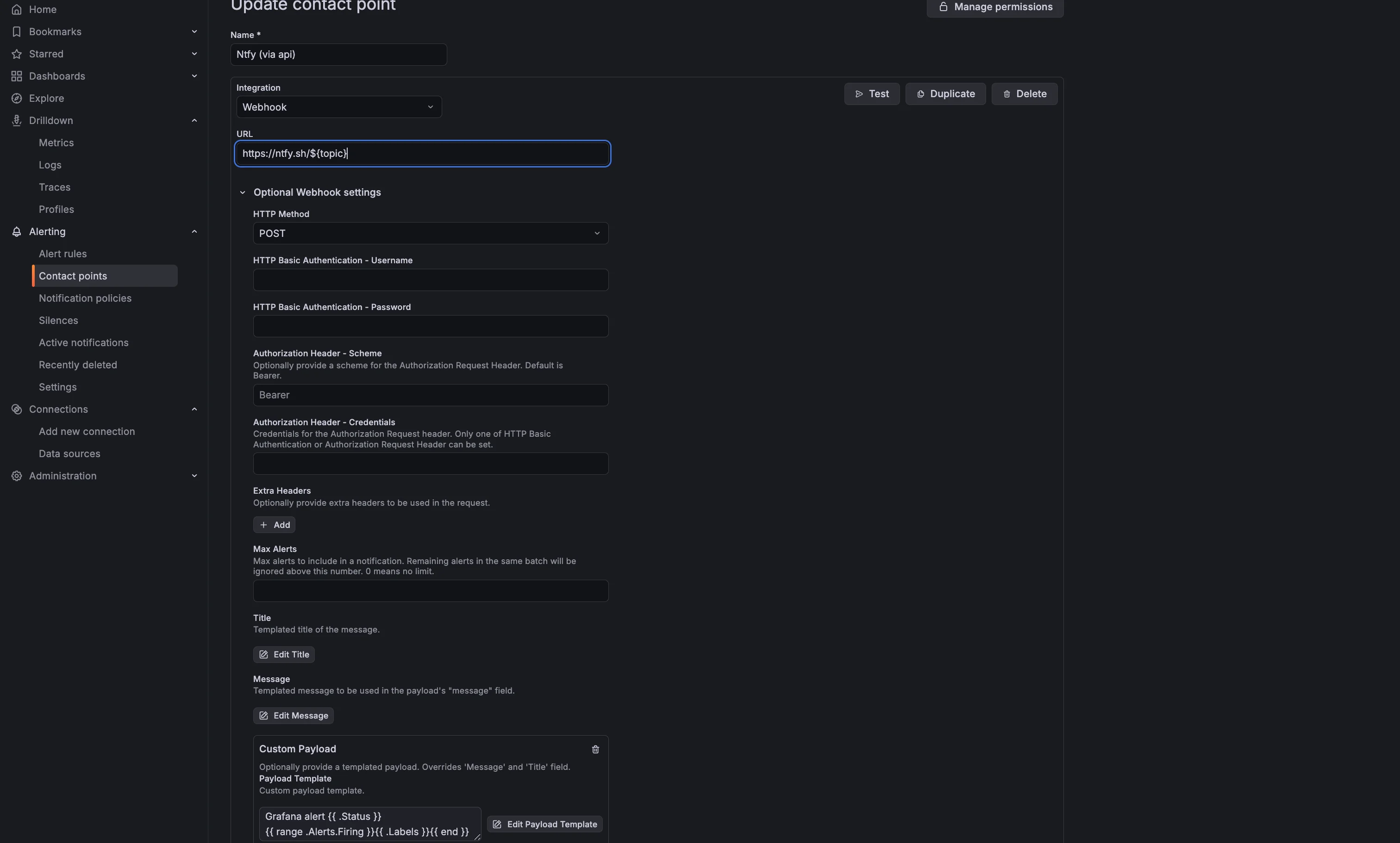 Grafana contact point, with webhook to Ntfy