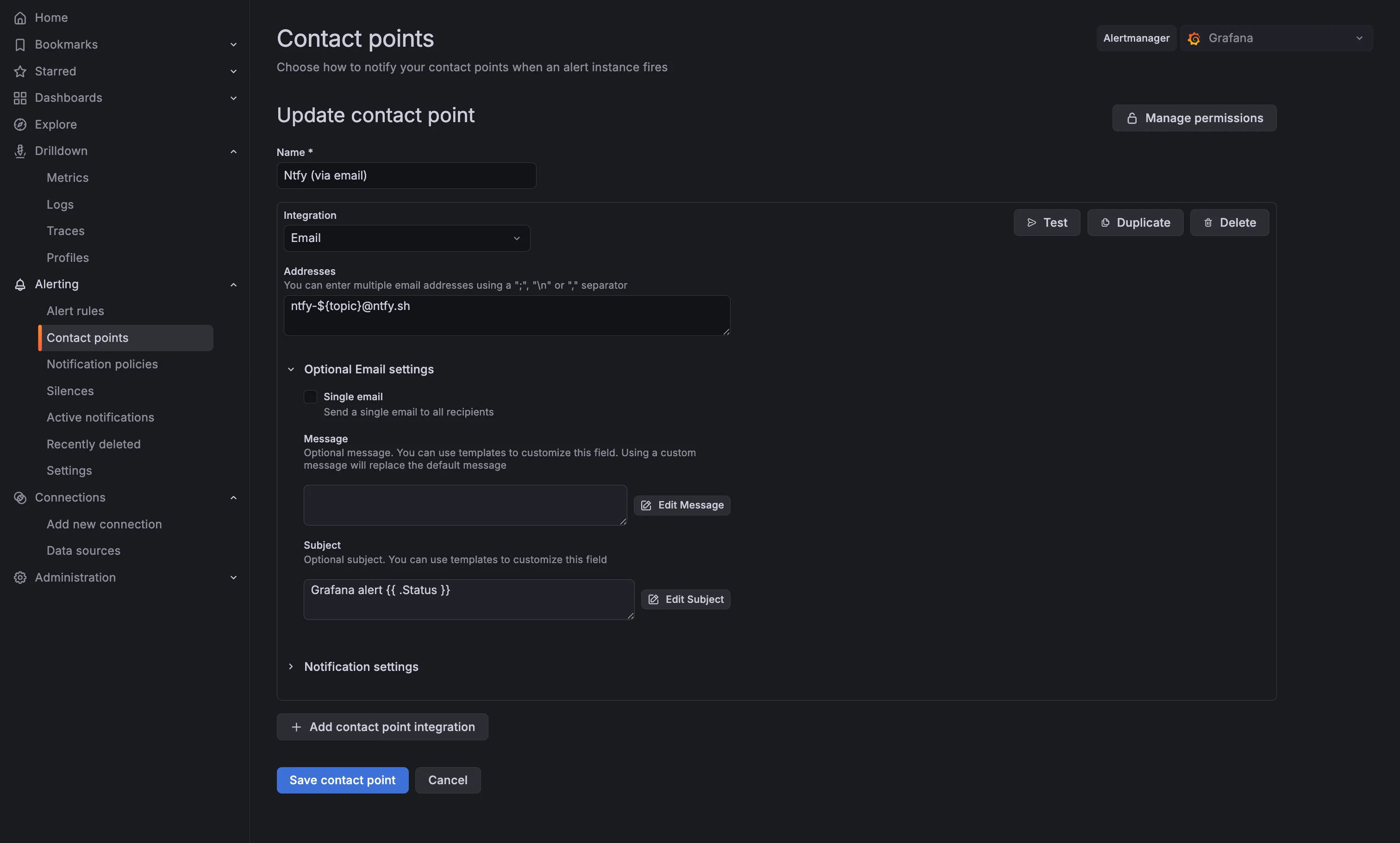 Grafana contact point, with email to Ntfy