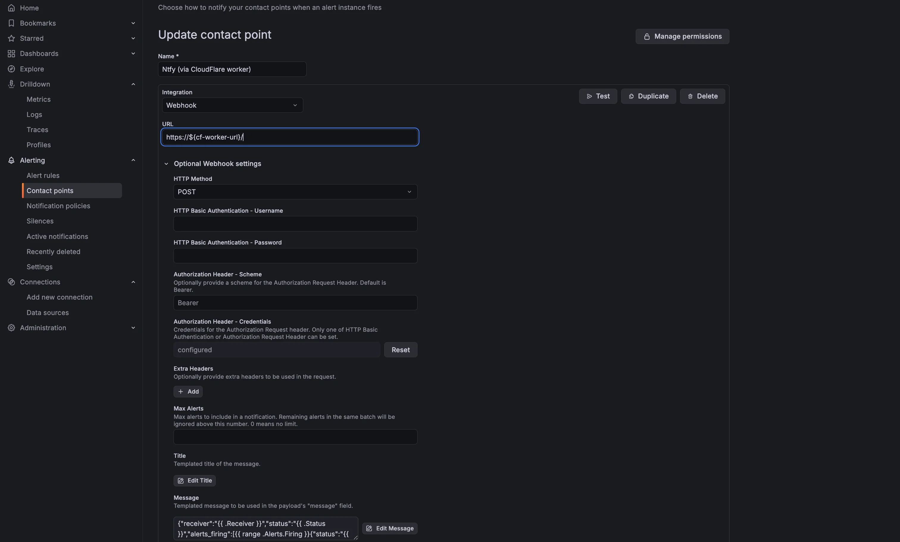 Grafana contact point that uses the Cloudflare worker
