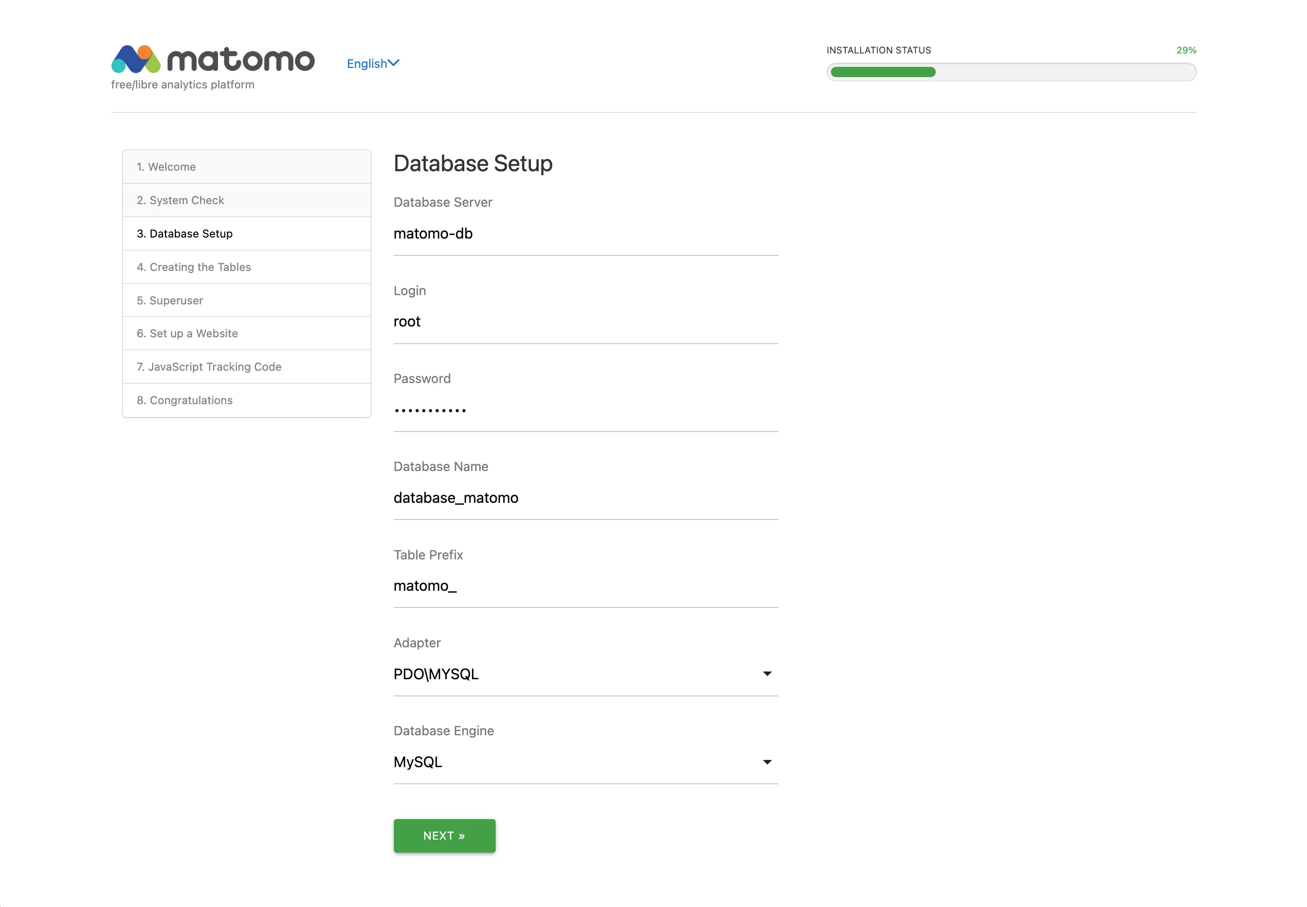 Second step of the Matomo setup