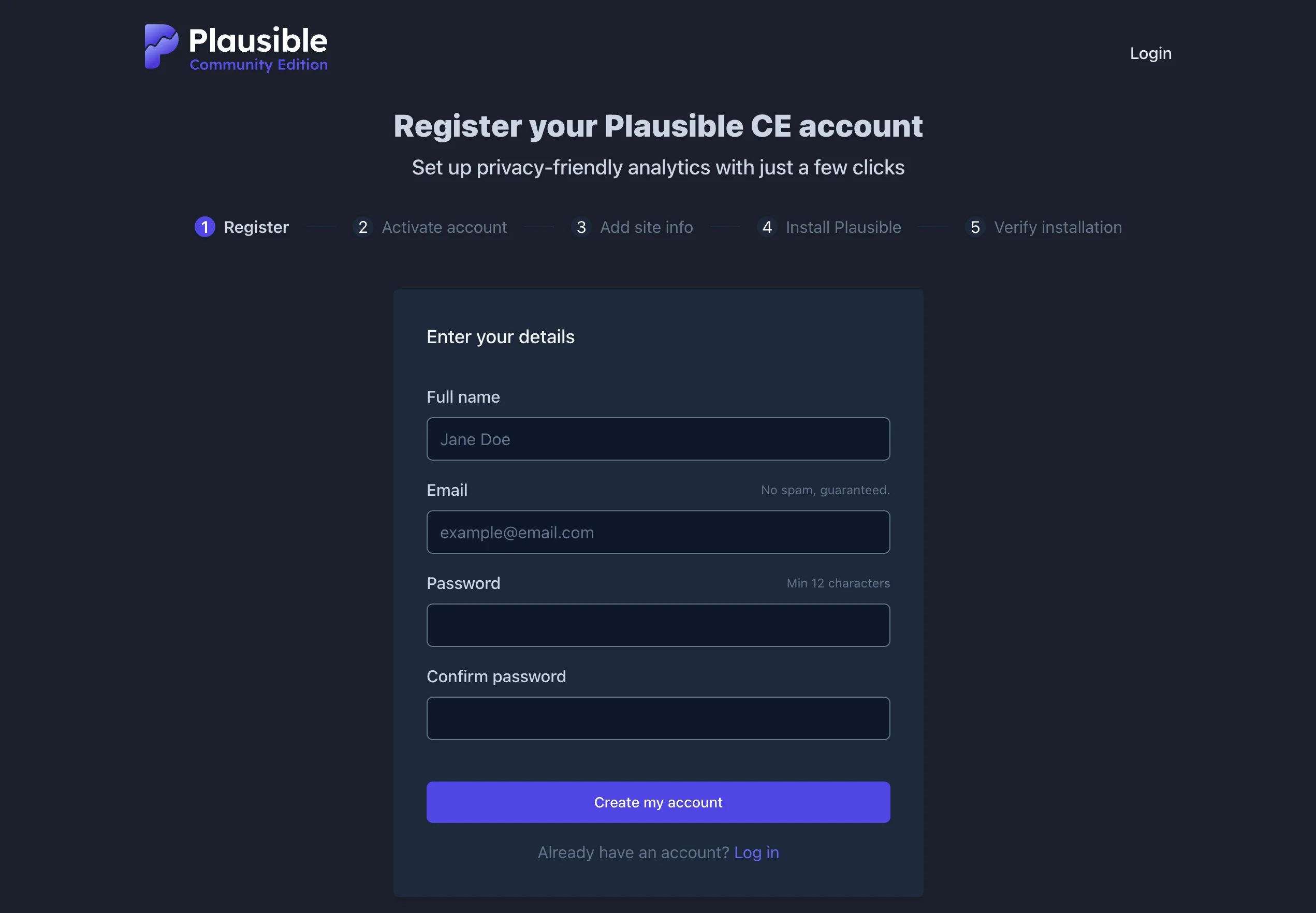 Plausible setup screen