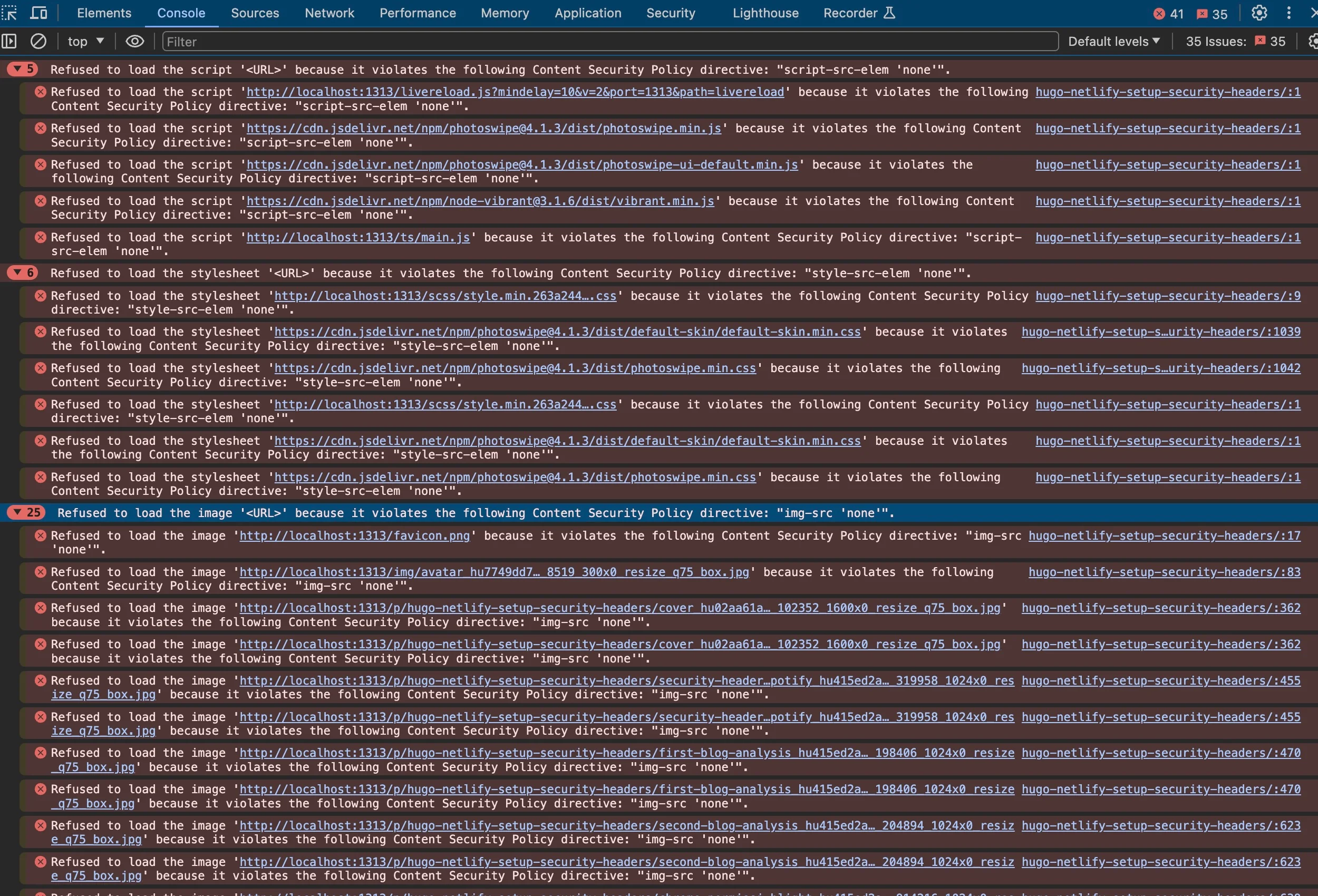 Google Chrome console displays error for a Content Security Policy with all fields set to 'none'