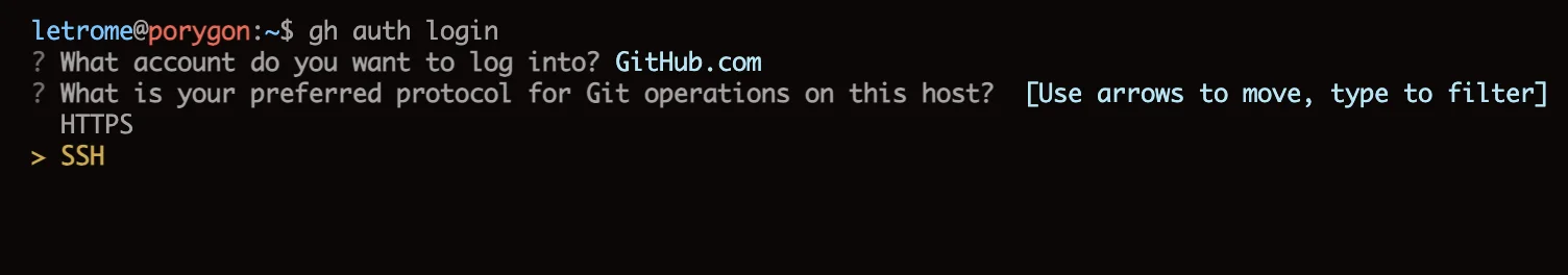 gh auth login prompt asking for protocol, selecting SSH