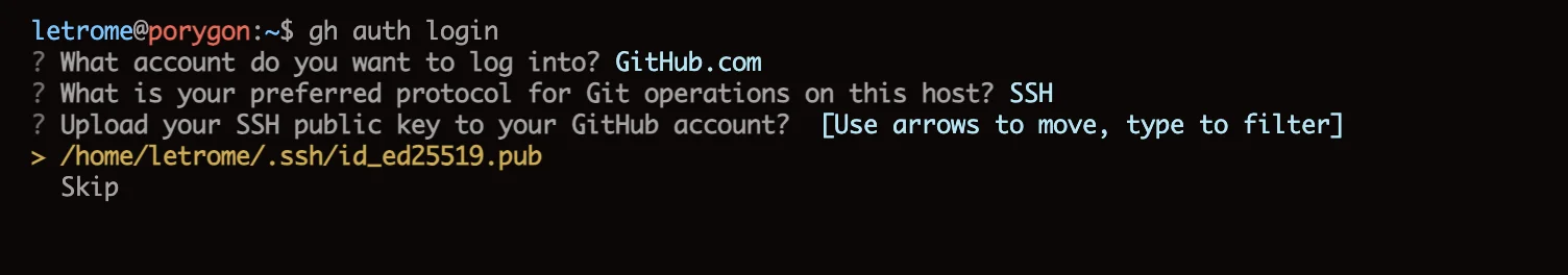 gh auth login prompt asking for SSH key to use