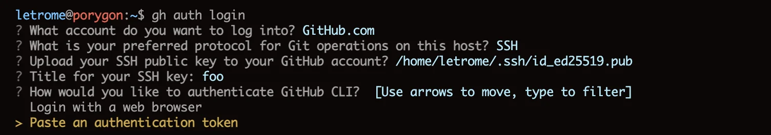 gh auth login prompt asking for which authentication method to use