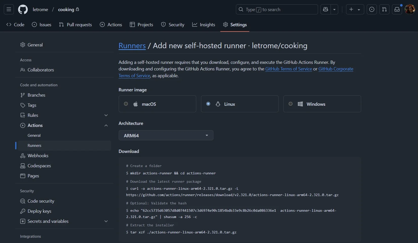 The "Add new self-hosted runner" page
