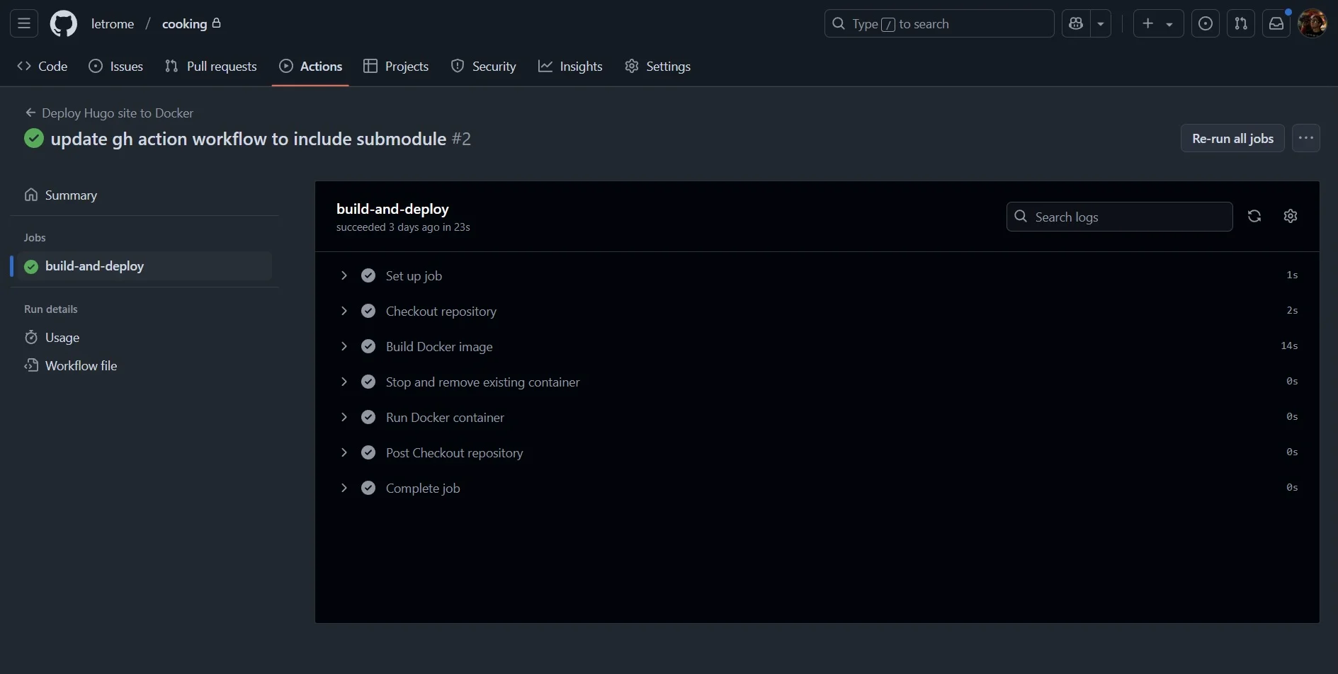 The GitHub Actions workflow running