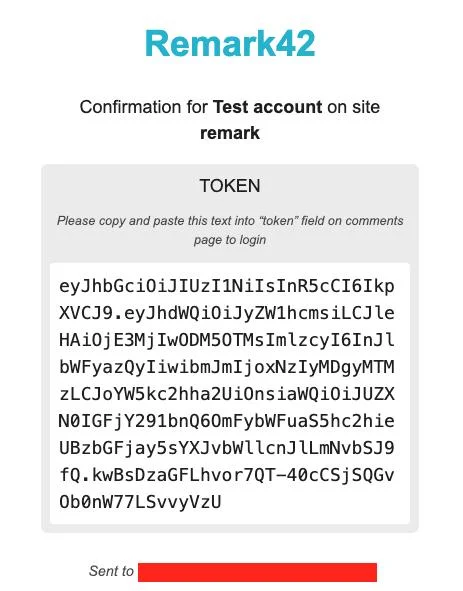 Example of email containing a token sent during the connection process