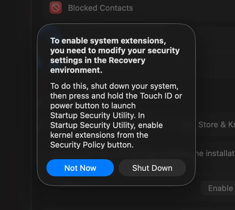 Popup asking to restart in recovery mode to update security settings, required after installing FuseFS
