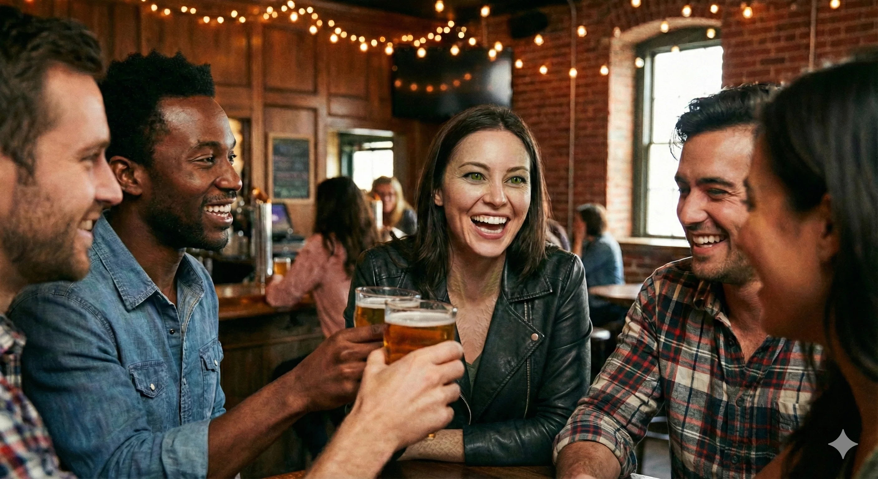 A group of four friends, two men and two women, laugh as they toast with glasses of beer in a warm bar with exposed brick and string lights. The woman in the center, wearing a leather jacket, has green reptilian eyes and scaly skin visible on her neck and hands as she holds her drink.