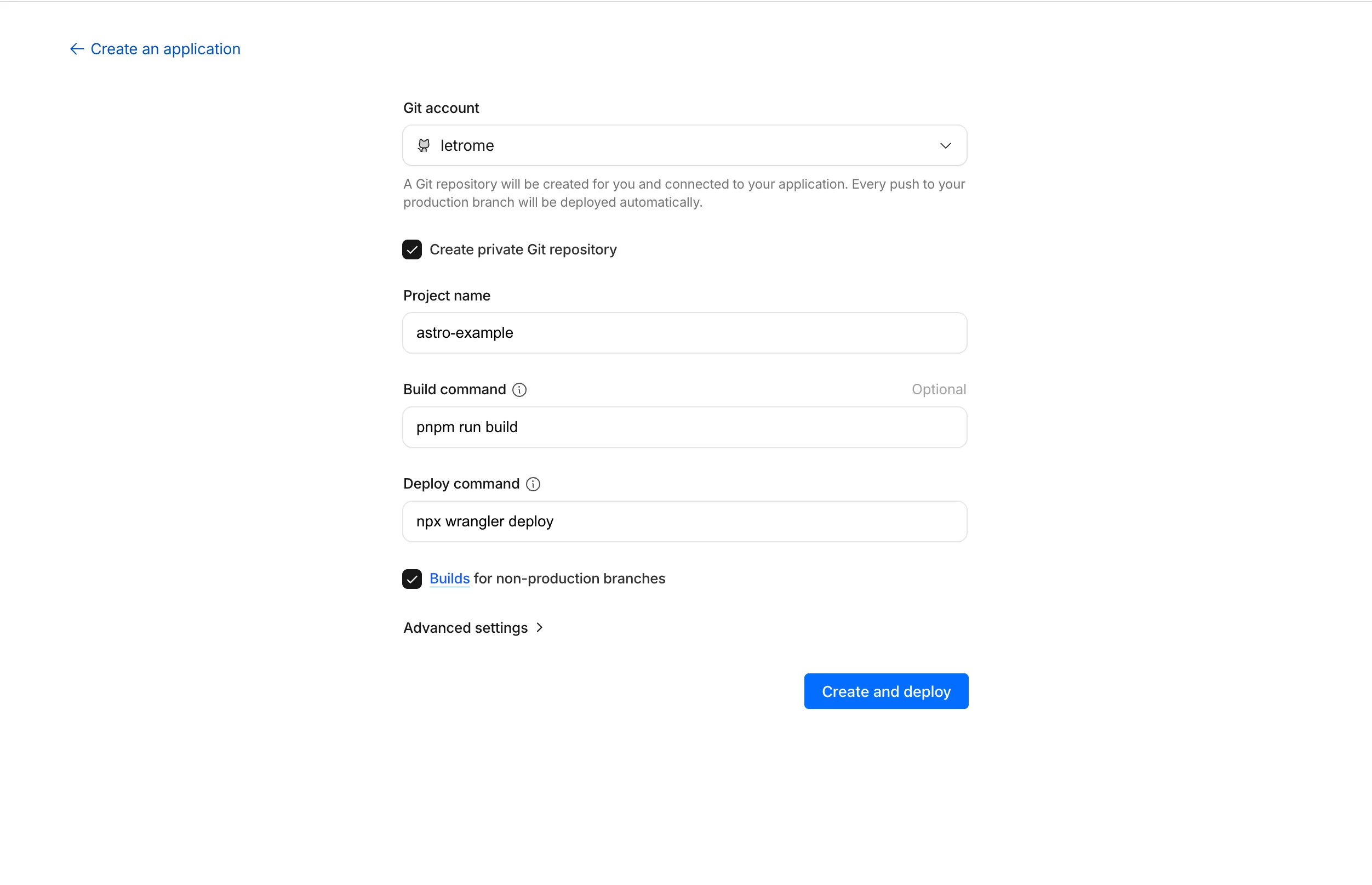app creation screen on Cloudflare