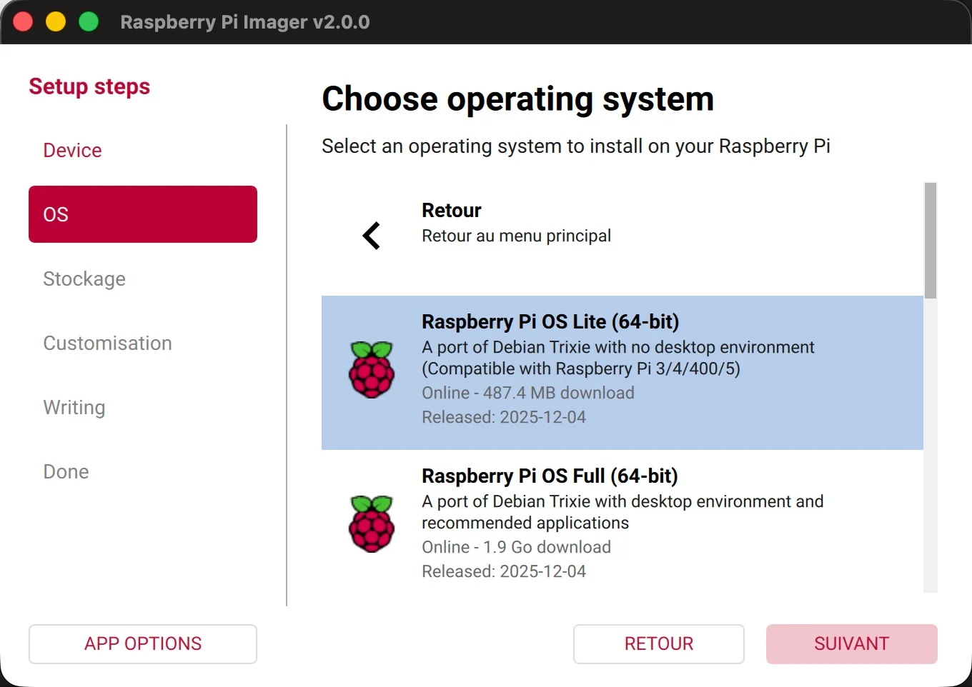 The choice of Raspberry Pi OS Lite (64-bit), aka "Raspbian"