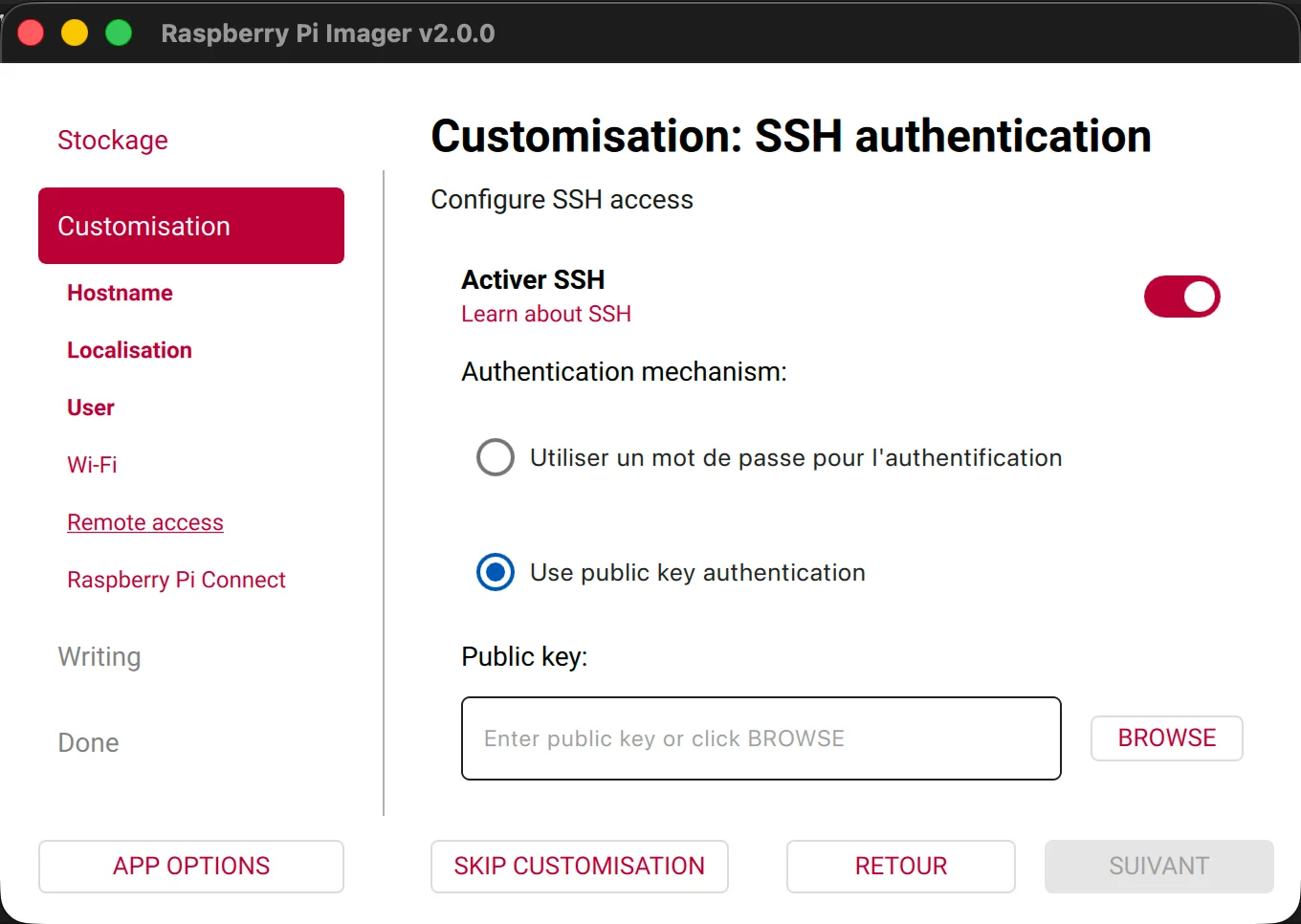 The SSH configuration screen